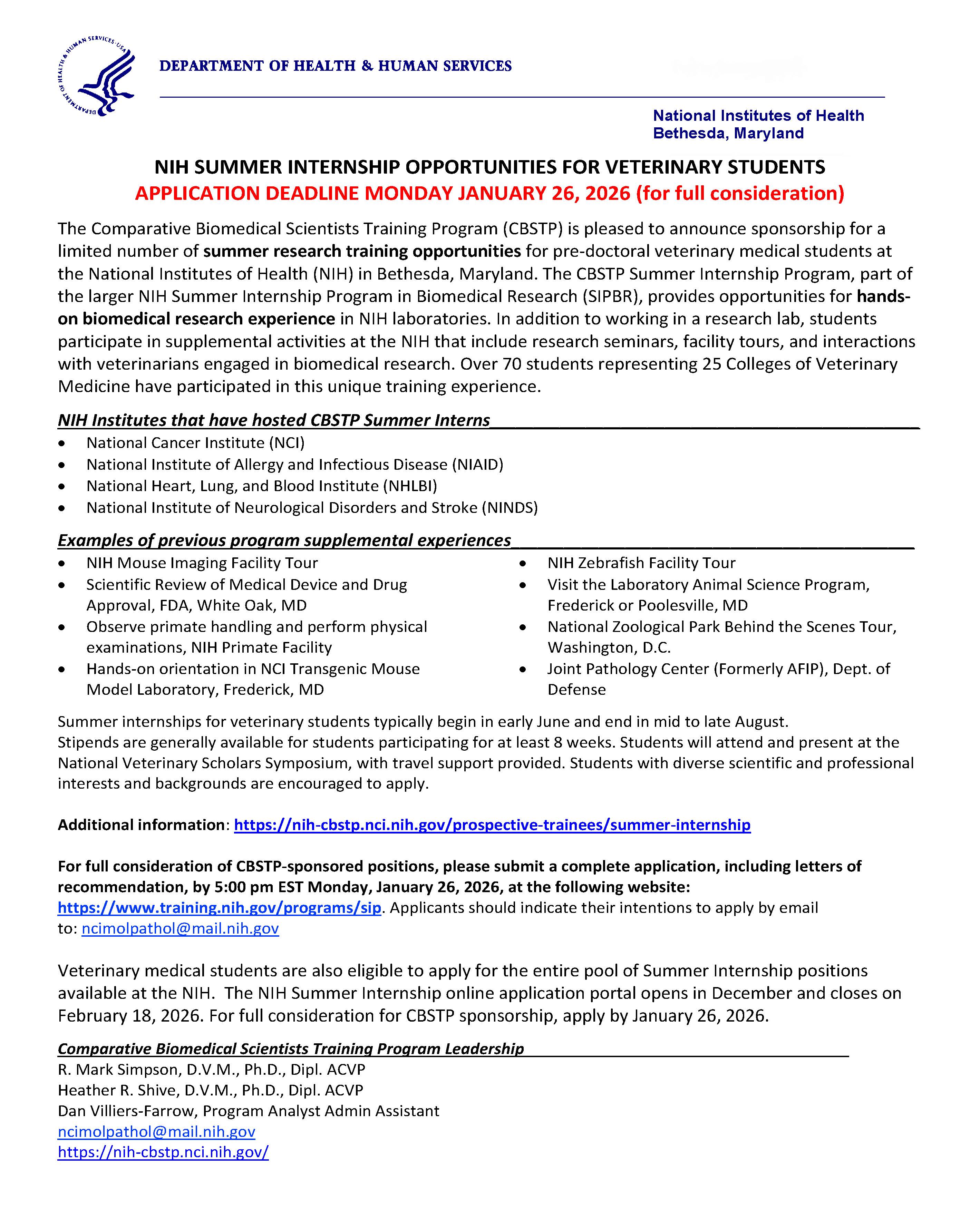 Nih Summer Internship Opportunities For Veterinary Students